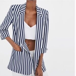 Zara Blue/White Striped Boyfriend Fit Open Blazer Jacket